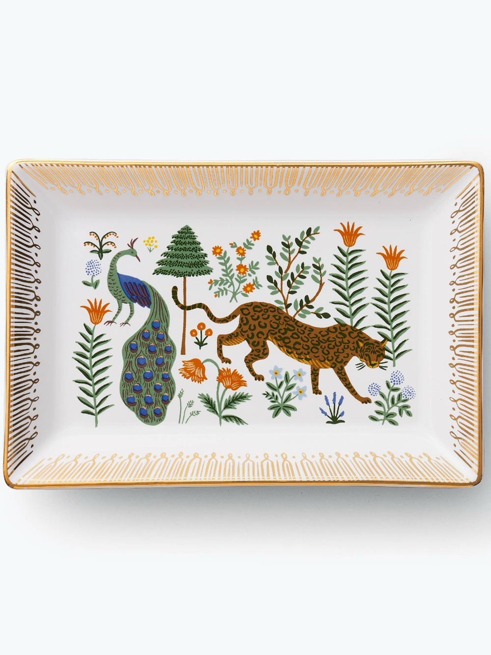 RIFLE PAPER CO. Menagerie Catchall Keys Jewelry Tray Peacock Leopard Gold Trim